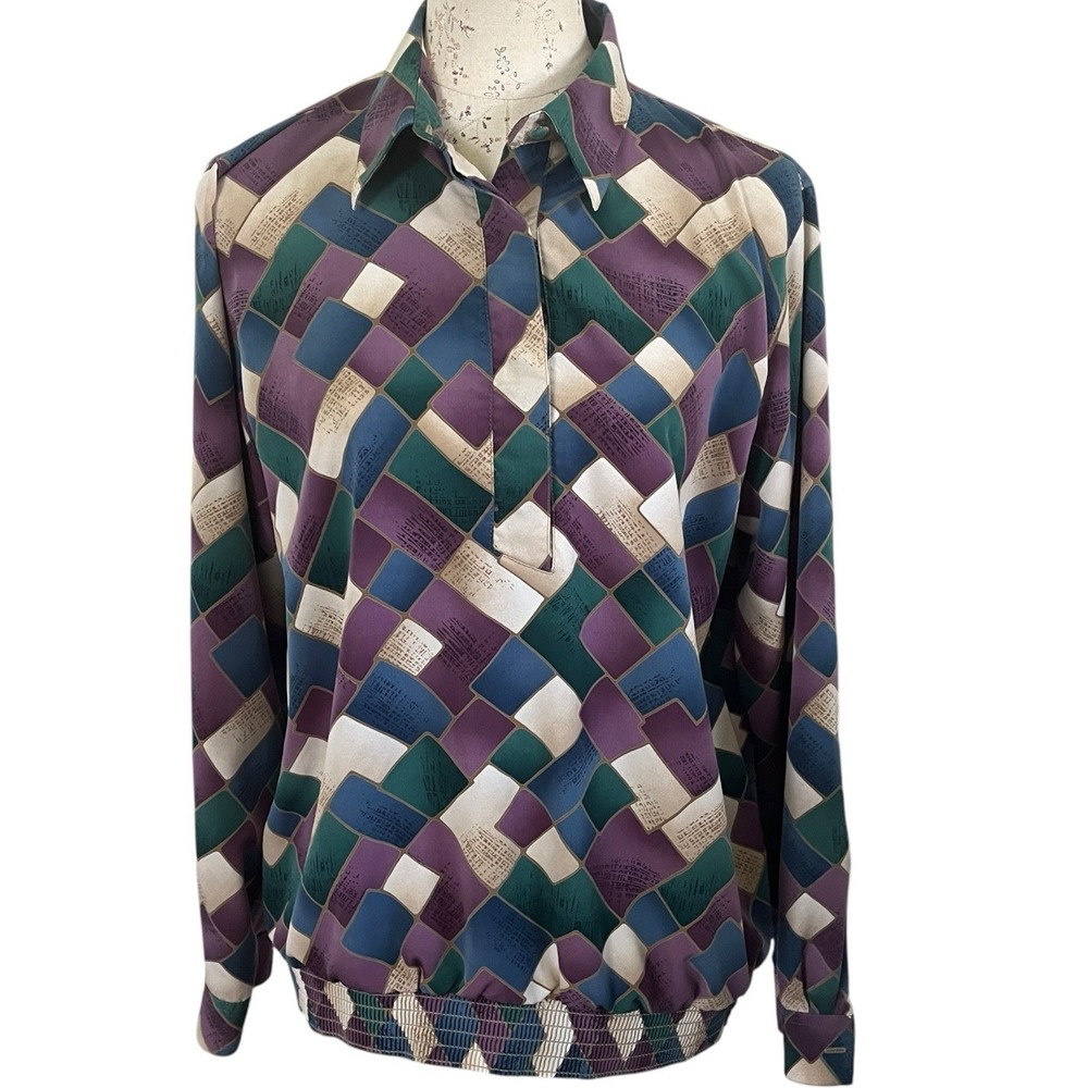 Alfred Dunner‎ Top Womens 14 Abstract Colorful Button Front Career Vintage Cinch